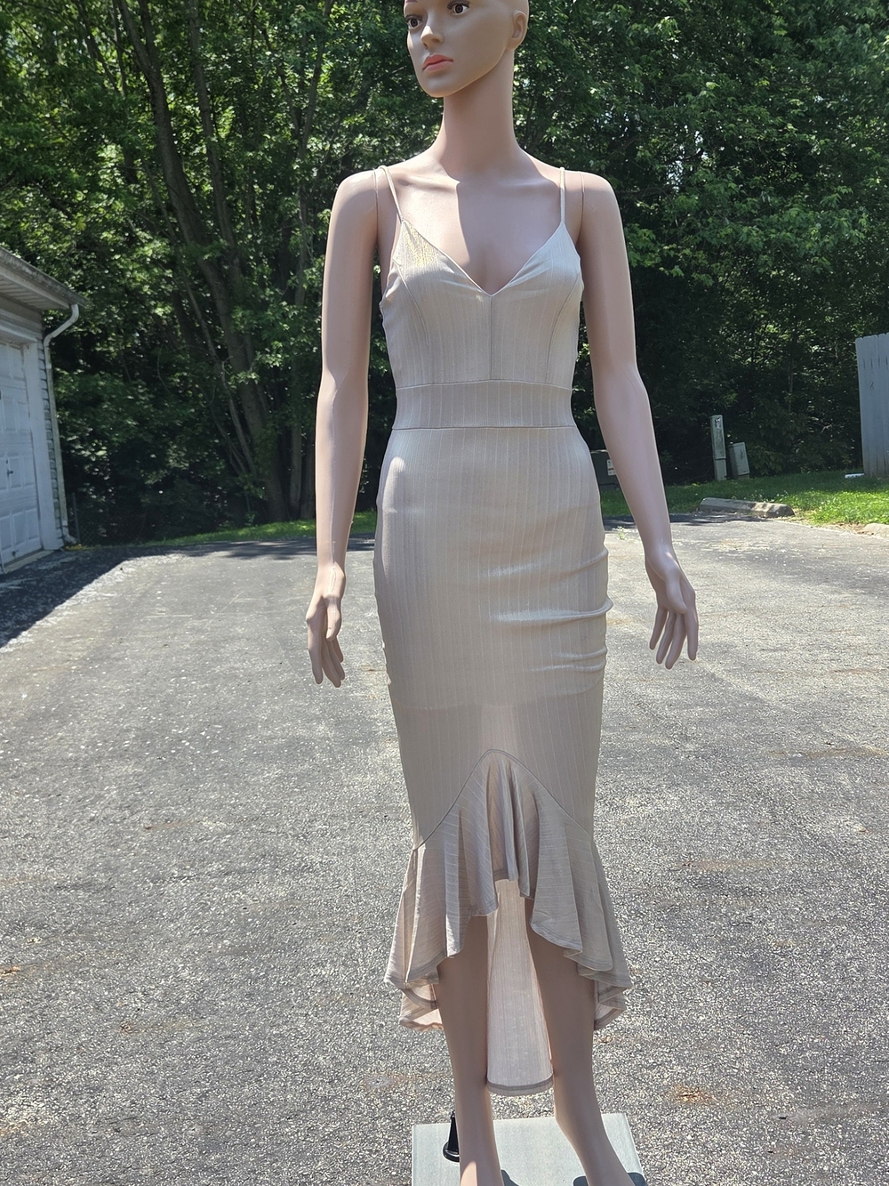 Spaghetti-Strap Cream High-Low Midi Dress